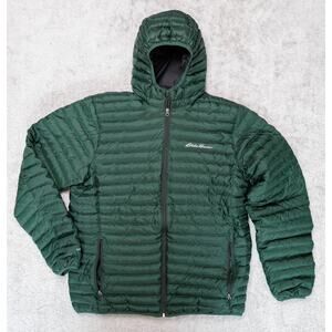 Eddie Bauer Microlight Dark Green Down Hooded Puffer Jacket 650 Mens Size TL